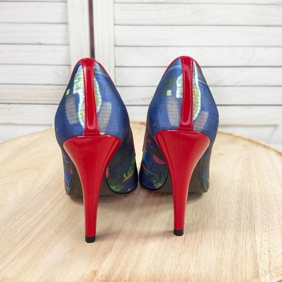 Carlos by Carlos Santana Pounce Graffiti Print Peep Toe Pumps Red Multi 6 - Picture 6 of 11